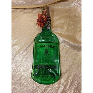 Flattened Melted Green Glass Wine Bottle Decor Spoon Rest Tray 13"